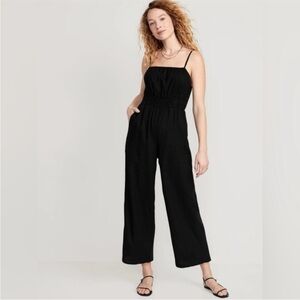 NWT! Black Waist Defined Linen Blend Cropped Black Cami Jumpsuit Size XL